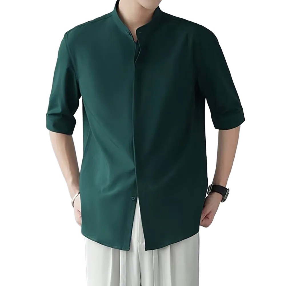 Camisas informales con cuello alto estilo chino calce limpio simple color liso para hombres - Imagen 40 de 46