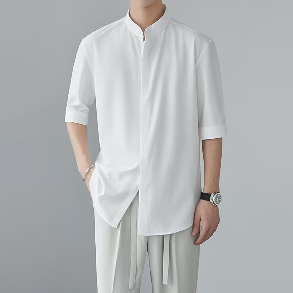 Camisas informales con cuello alto estilo chino calce limpio simple color liso para hombres - Imagen 25 de 46