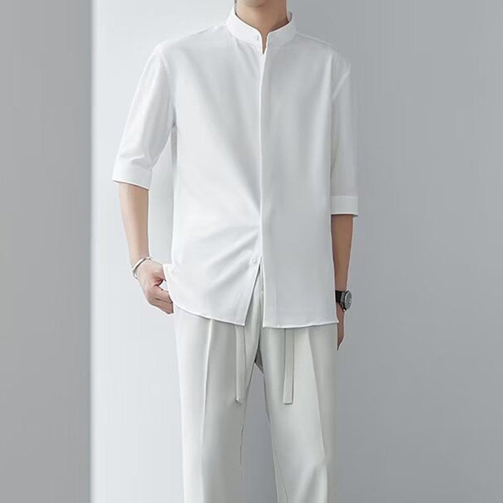 Camisas informales con cuello alto estilo chino calce limpio simple color liso para hombres - Imagen 27 de 46