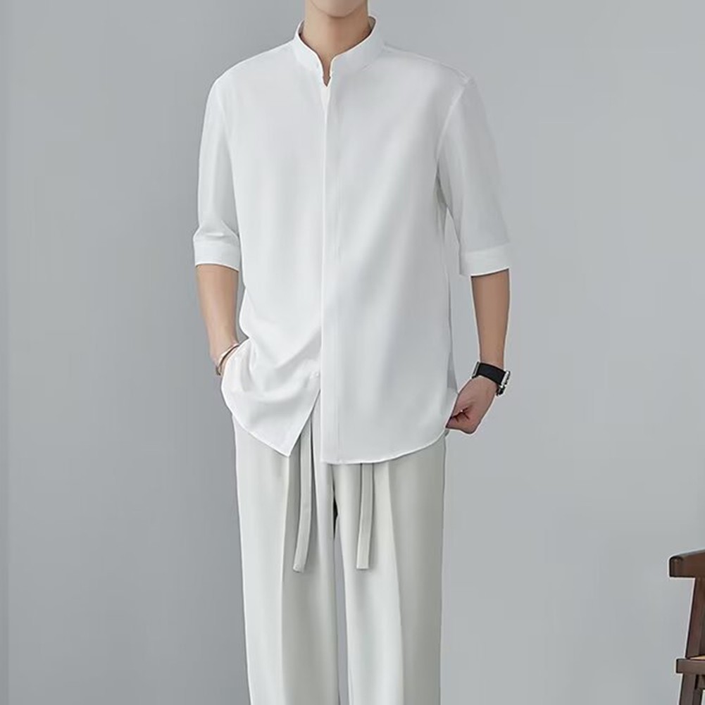 Camisas informales con cuello alto estilo chino calce limpio simple color liso para hombres - Imagen 21 de 46