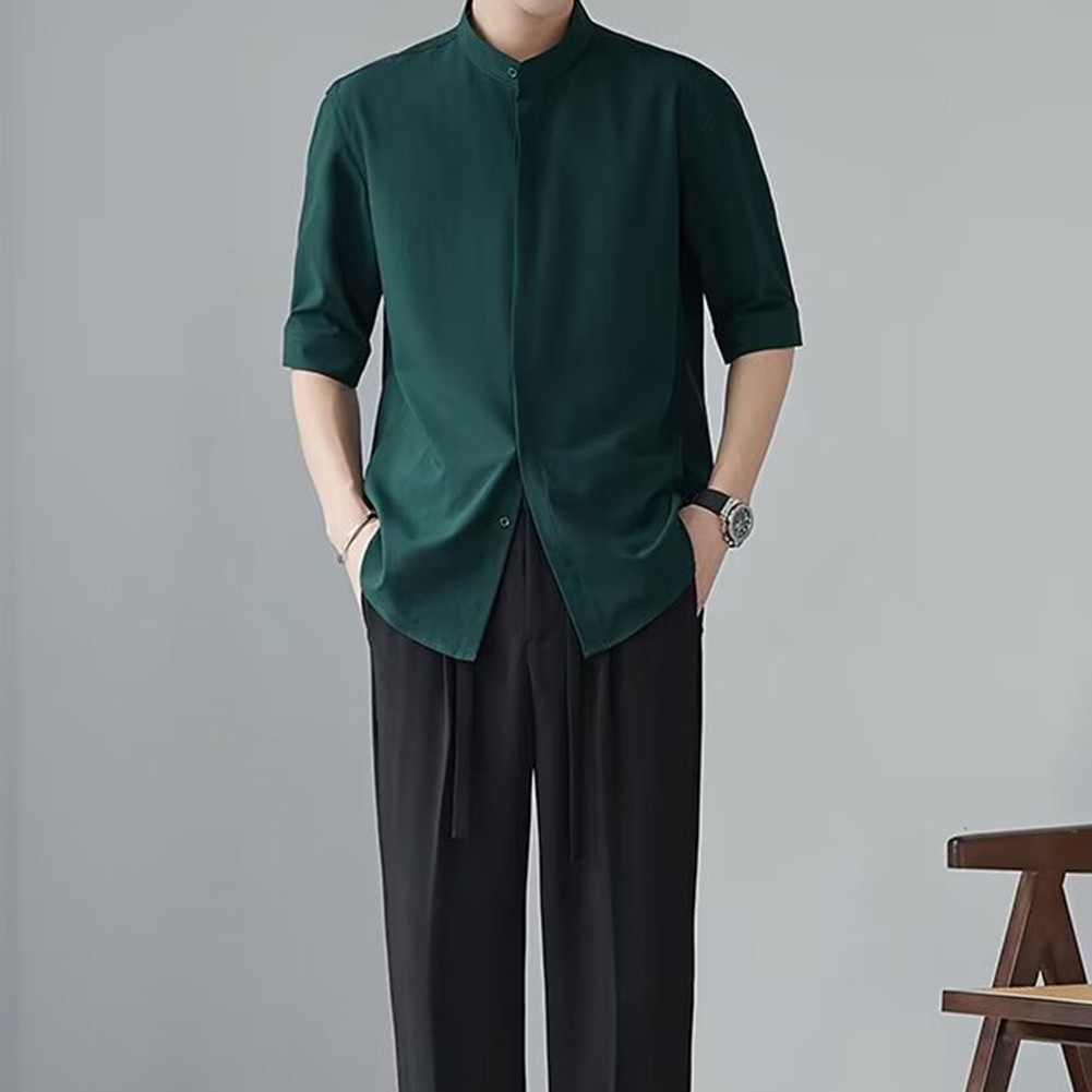 Camisas informales con cuello alto estilo chino calce limpio simple color liso para hombres - Imagen 44 de 46