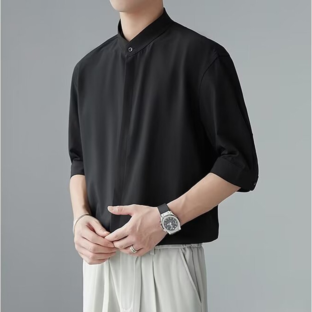 Camisas informales con cuello alto estilo chino calce limpio simple color liso para hombres - Imagen 33 de 46