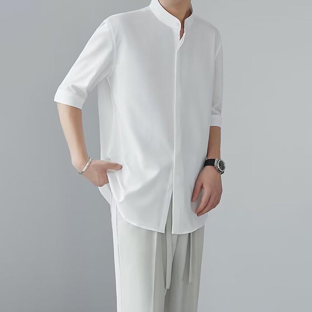 Camisas informales con cuello alto estilo chino calce limpio simple color liso para hombres - Imagen 26 de 46