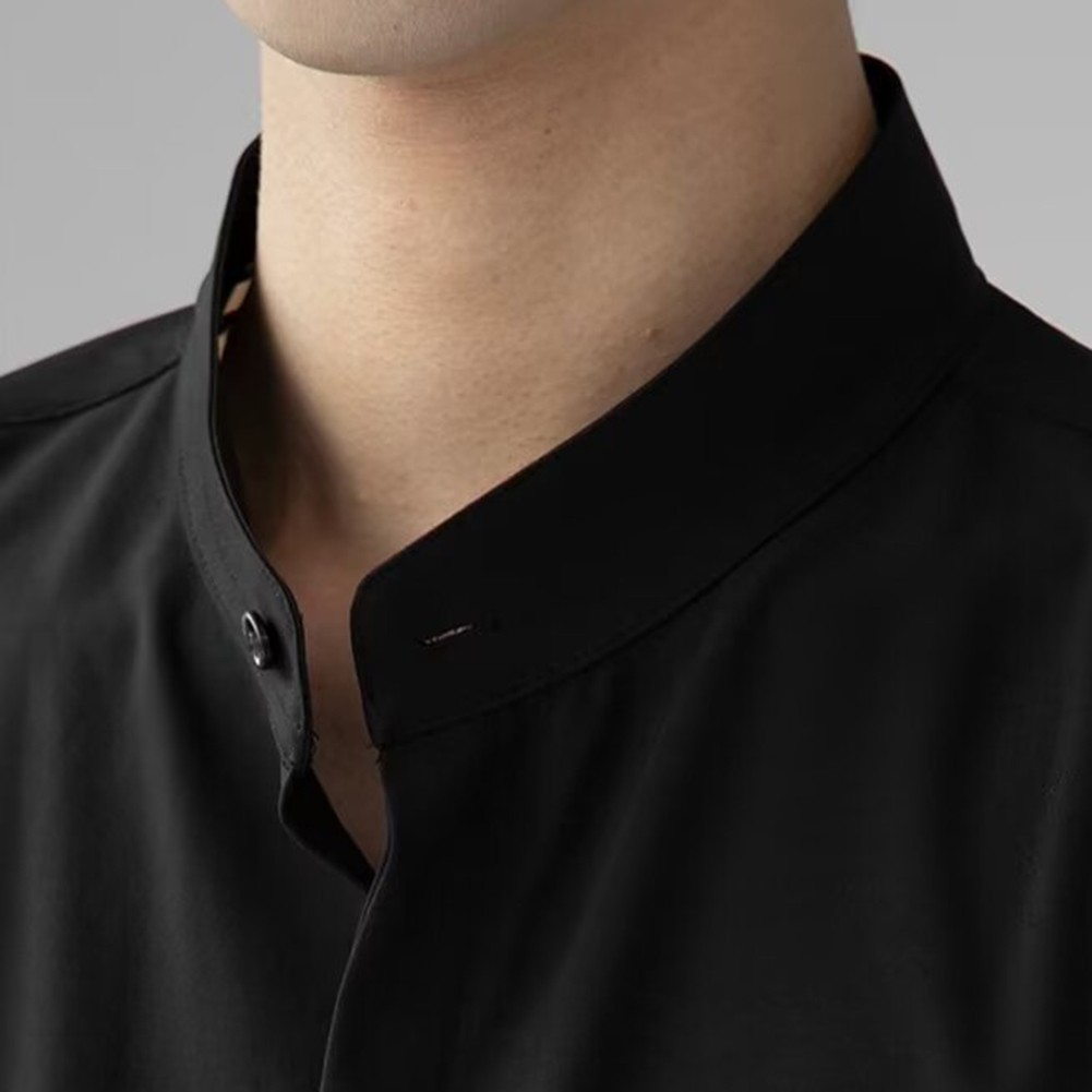 Camisas informales con cuello alto estilo chino calce limpio simple color liso para hombres - Imagen 37 de 46