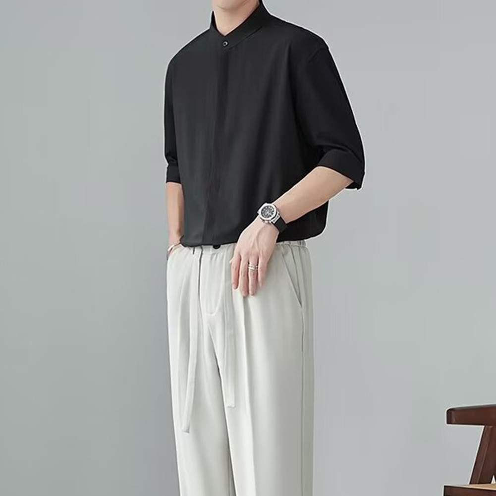 Camisas informales con cuello alto estilo chino calce limpio simple color liso para hombres - Imagen 36 de 46
