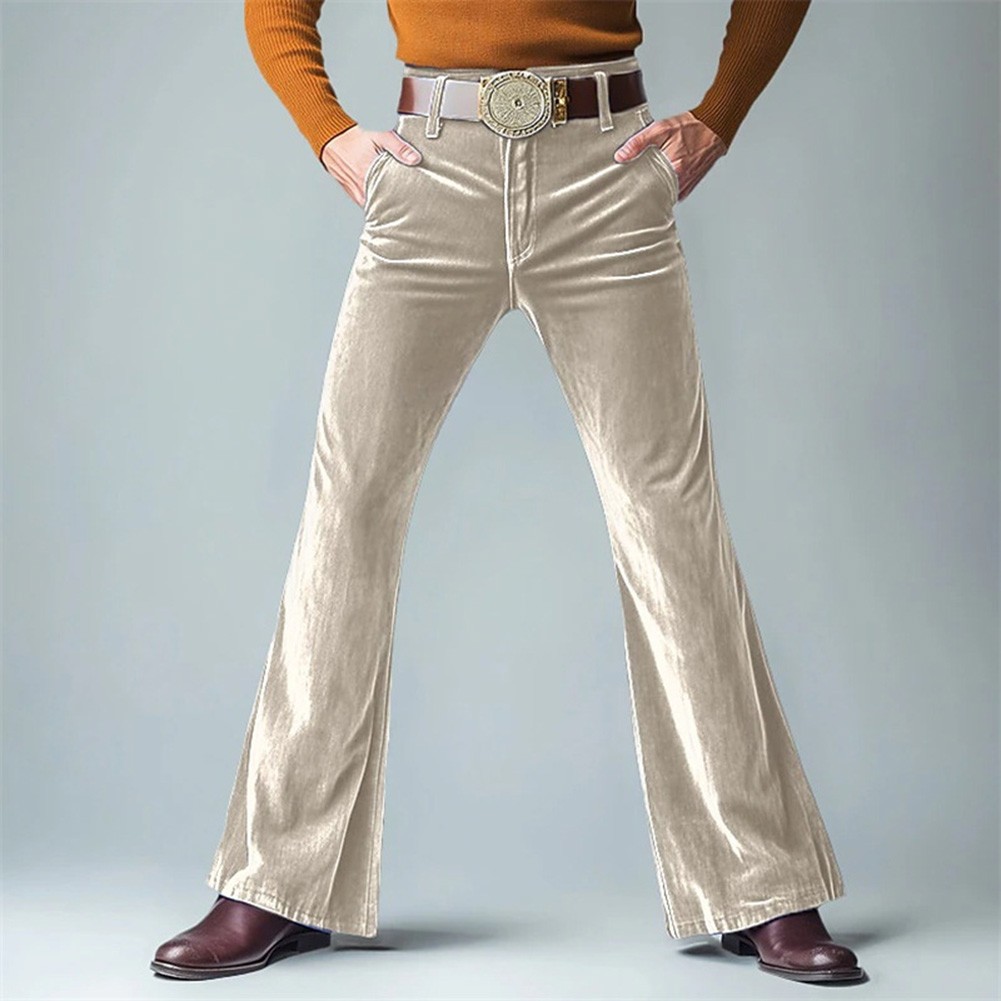 Mens Winter Velvet Flared Pants Wide Leg Vintage Solid Color Streetwear - Picture 15 of 18