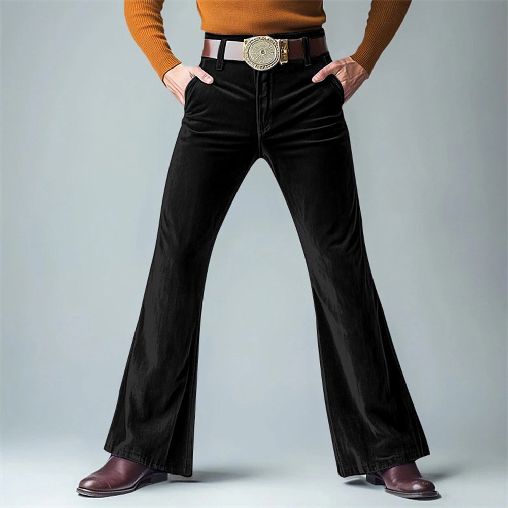 Mens Winter Velvet Flared Pants Wide Leg Vintage Solid Color Streetwear - Picture 7 of 18