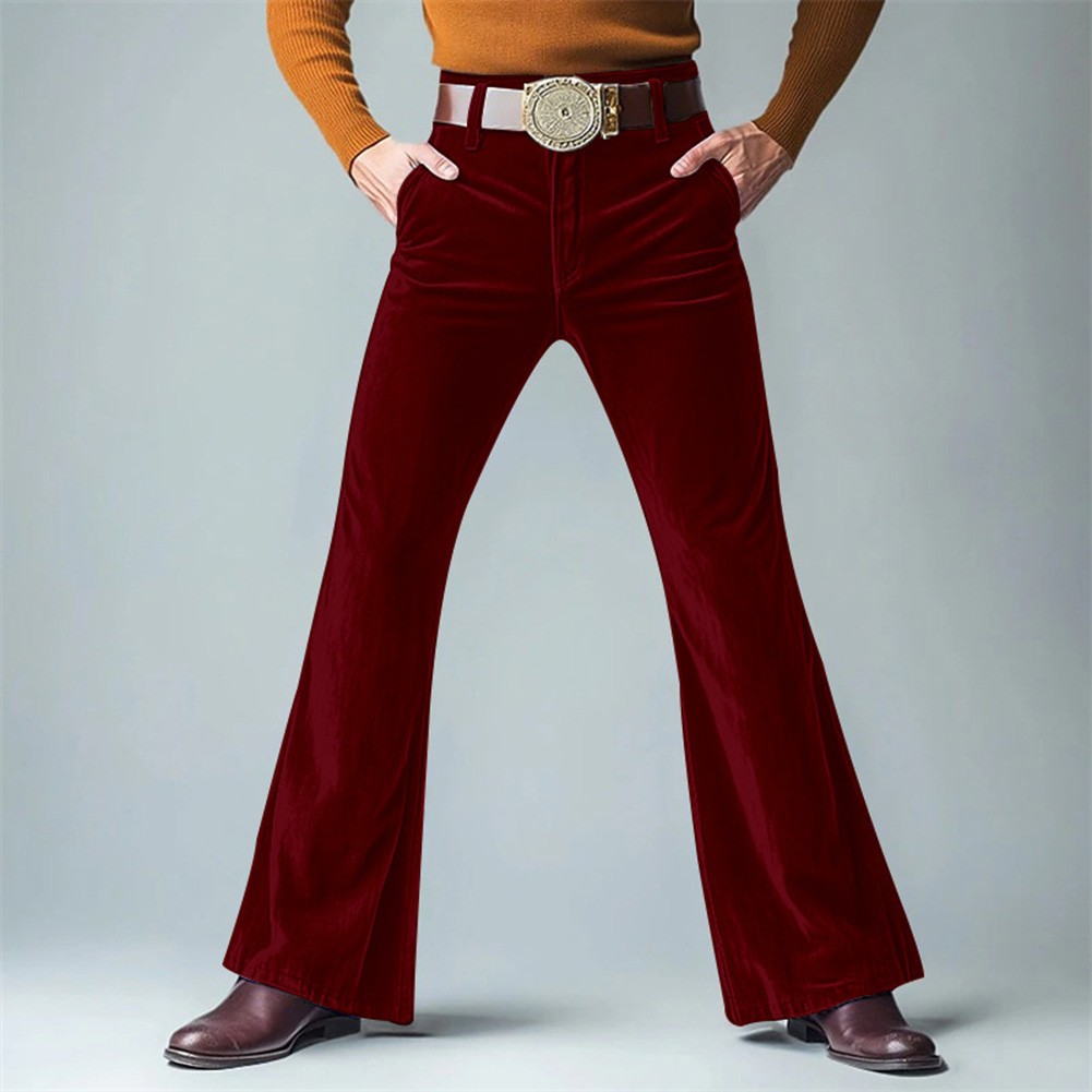 Mens Winter Velvet Flared Pants Wide Leg Vintage Solid Color Streetwear - Picture 9 of 18