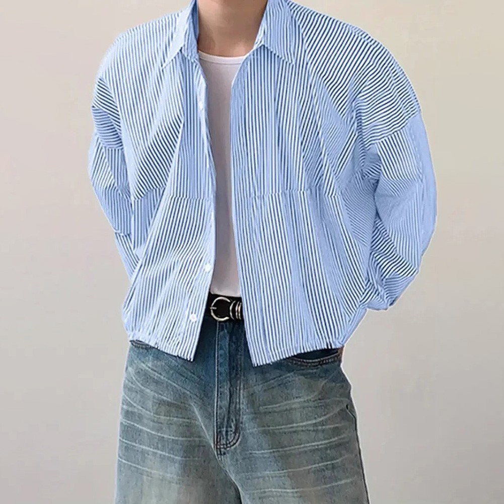 Men Stripe Lapel Long Sleeve Shirt Korean Streetwear Loose Fit Regular