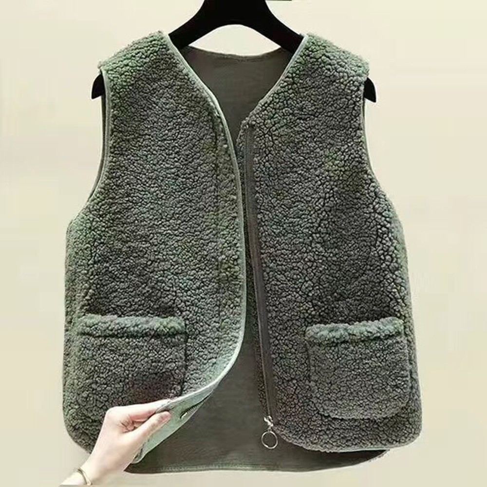 Solid Color Plush Zipper Vest Womens Warm Casual Outerwear for Spring Winter - Picture 13 of 16
