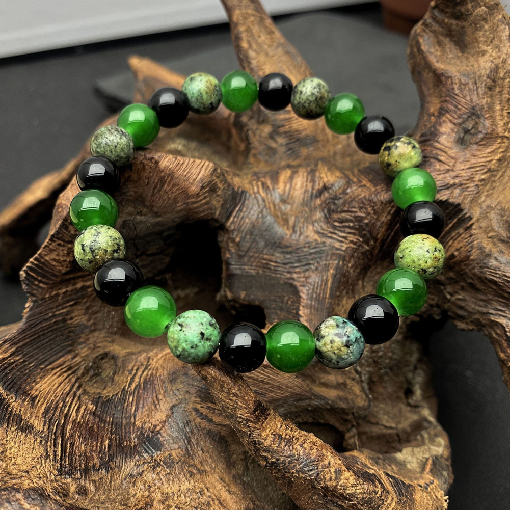Bracelet Perles élastiques Vert Aventurine & Obsidienne Noire - Taille Réglable - Neuf Avec étiquettes