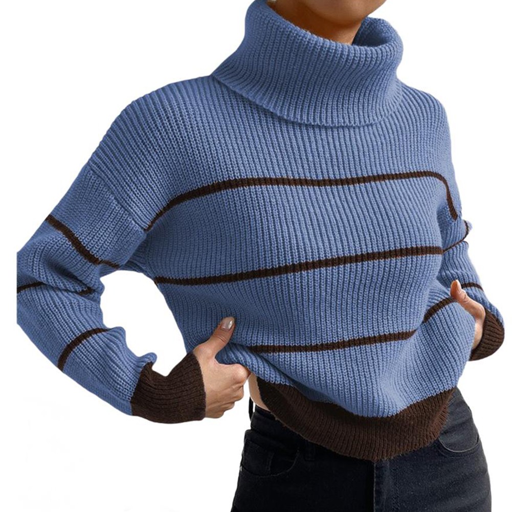 Women Casual High Collar Stripe Knitted Sweater Pullover Autumn Winter Top - Picture 16 of 16