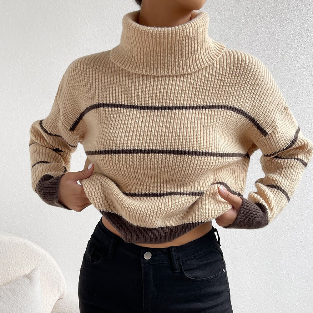 Women Casual High Collar Stripe Knitted Sweater Pullover Autumn Winter Top - Picture 13 of 16