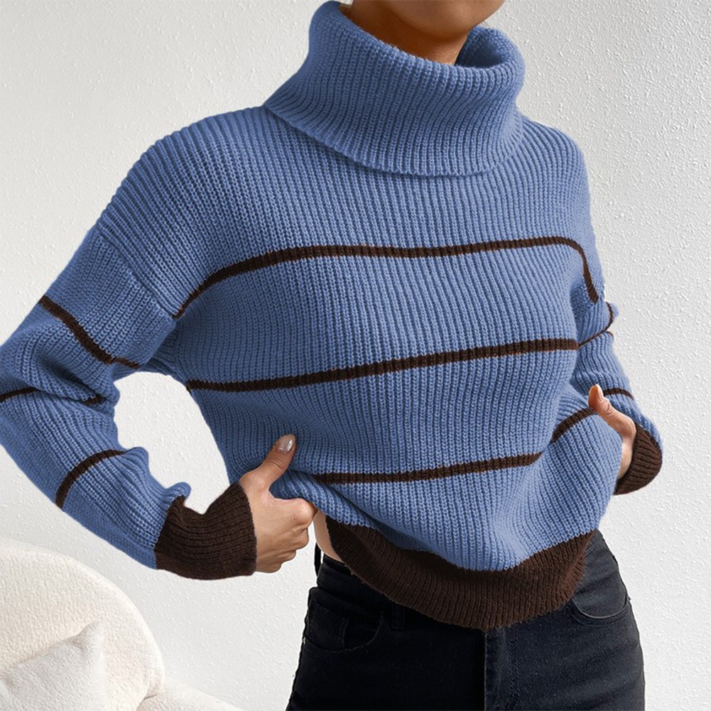 Women Casual High Collar Stripe Knitted Sweater Pullover Autumn Winter Top - Picture 15 of 16