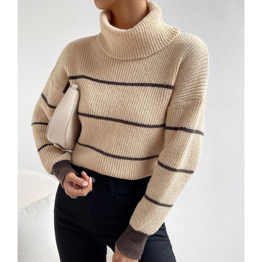 Women Casual High Collar Stripe Knitted Sweater Pullover Autumn Winter Top - Picture 14 of 16