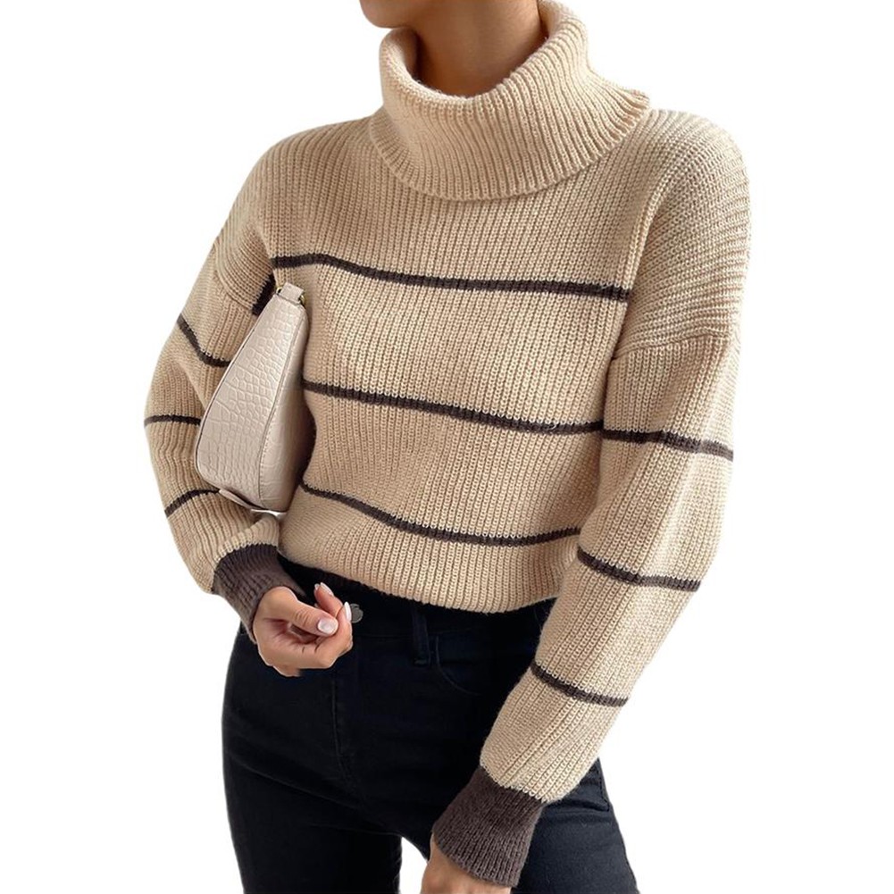 Women Casual High Collar Stripe Knitted Sweater Pullover Autumn Winter Top - Picture 11 of 16