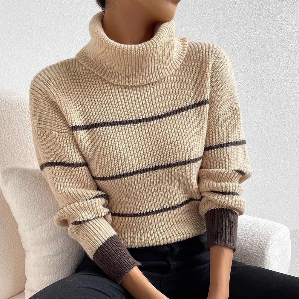 Women Casual High Collar Stripe Knitted Sweater Pullover Autumn Winter Top - Picture 12 of 16