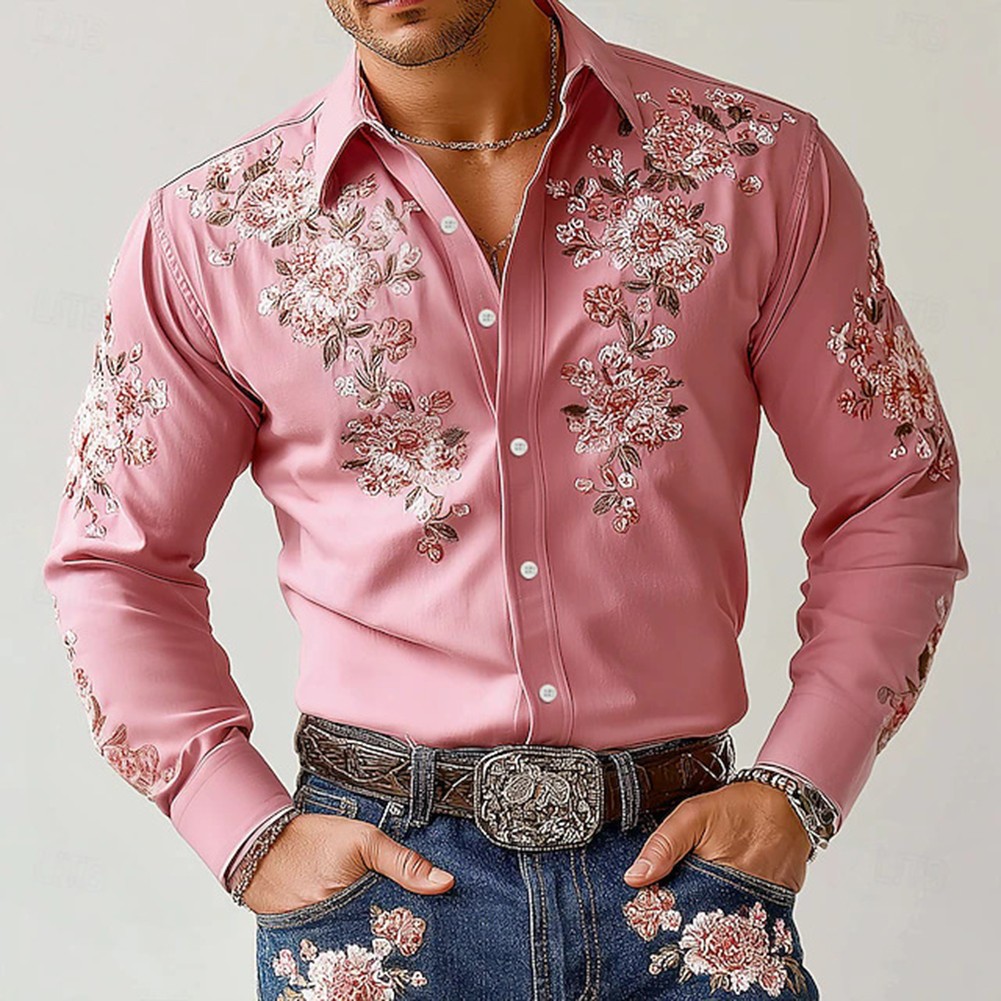 Retro Floral Print Long Sleeve Shirt for Men Stretch Polyester Spandex Casual