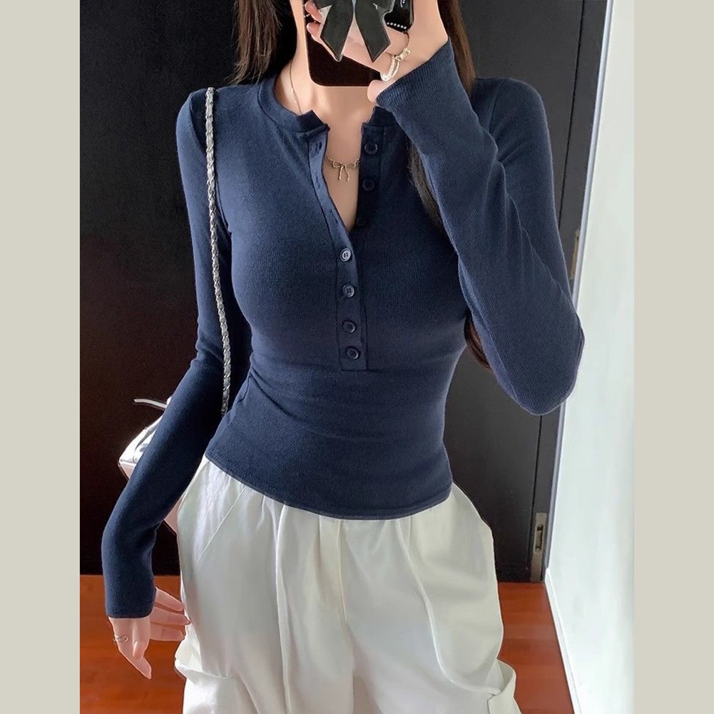 V Neck Tops Basic Long Sleeve Tops 5% Spandex Material 95% Polyester Fabric - Picture 14 of 18