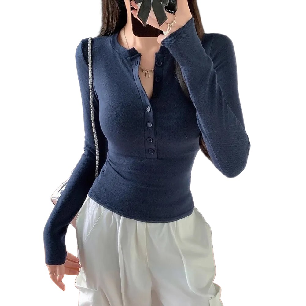V Neck Tops Basic Long Sleeve Tops 5% Spandex Material 95% Polyester Fabric - Picture 13 of 18