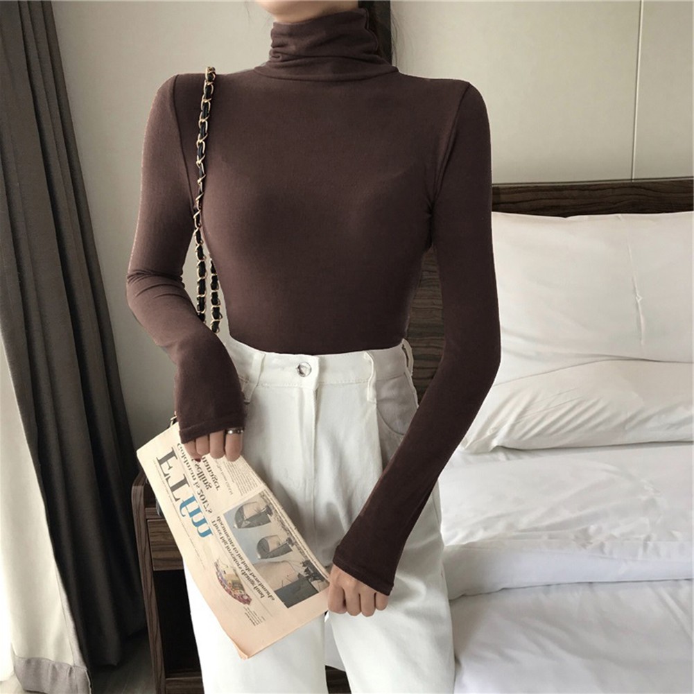 Women Solid Color Turtleneck Base Shirt Long Sleeved T-Shirt Slim Fit Top - Picture 29 of 32