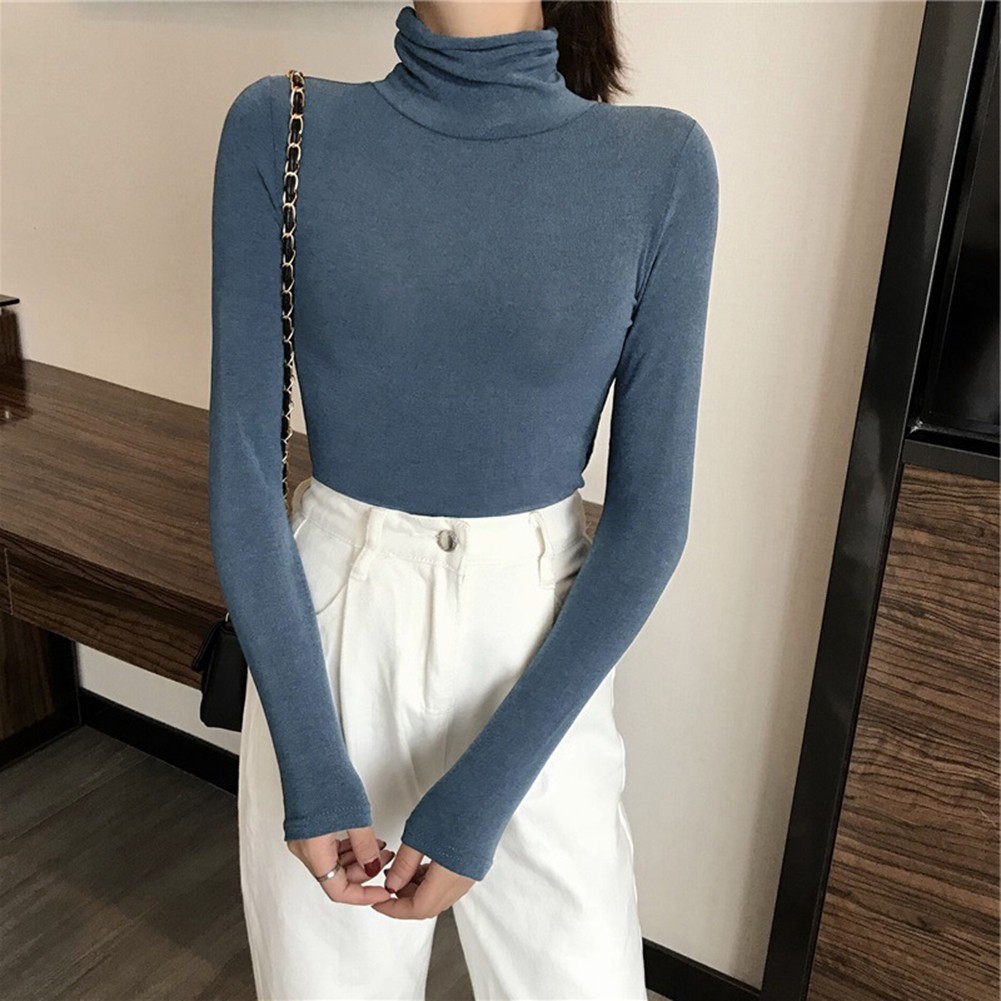 Women Solid Color Turtleneck Base Shirt Long Sleeved T-Shirt Slim Fit Top - Picture 31 of 32