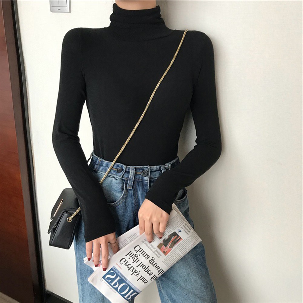 Women Solid Color Turtleneck Base Shirt Long Sleeved T-Shirt Slim Fit Top - Picture 21 of 32