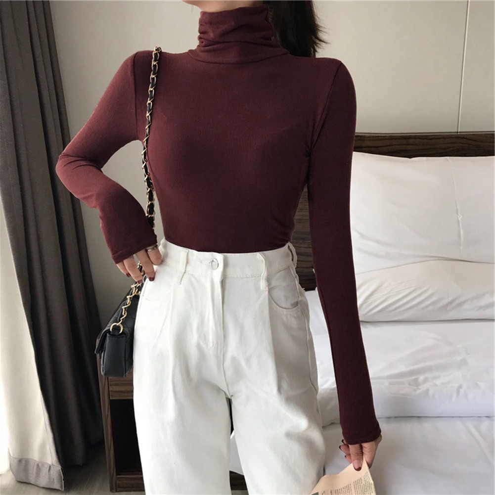 Women Solid Color Turtleneck Base Shirt Long Sleeved T-Shirt Slim Fit Top - Picture 27 of 32