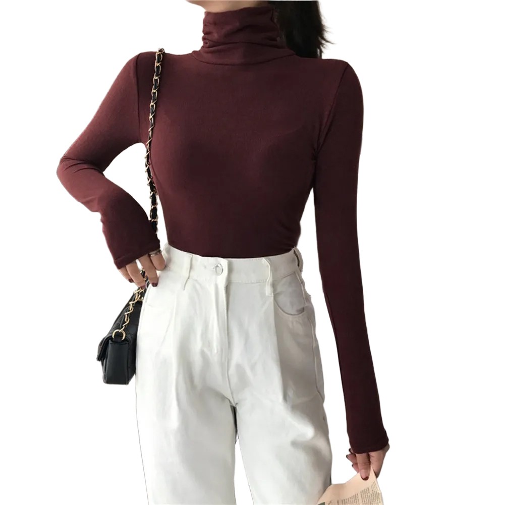 Women Solid Color Turtleneck Base Shirt Long Sleeved T-Shirt Slim Fit Top - Picture 28 of 32