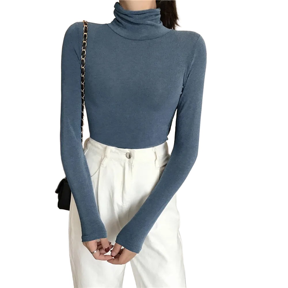 Women Solid Color Turtleneck Base Shirt Long Sleeved T-Shirt Slim Fit Top - Picture 32 of 32