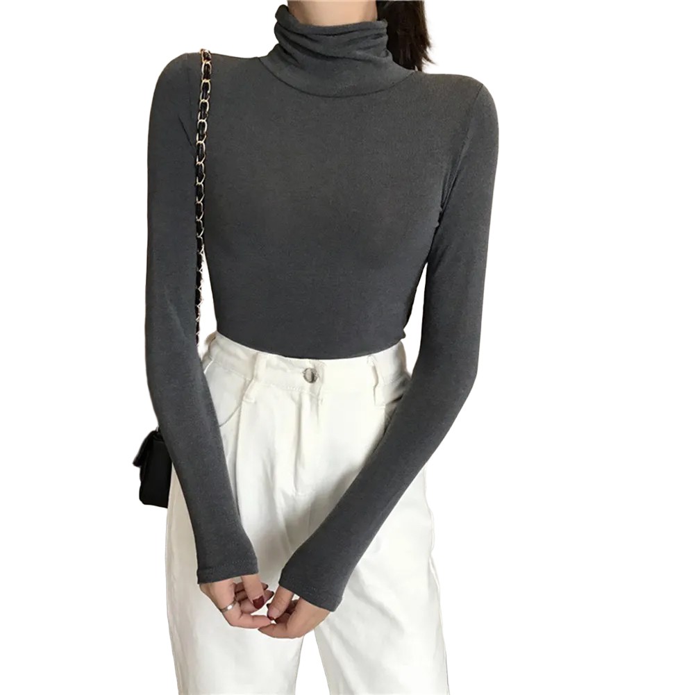Women Solid Color Turtleneck Base Shirt Long Sleeved T-Shirt Slim Fit Top - Picture 24 of 32