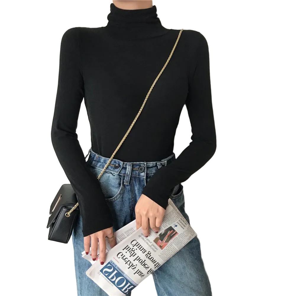 Women Solid Color Turtleneck Base Shirt Long Sleeved T-Shirt Slim Fit Top - Picture 22 of 32