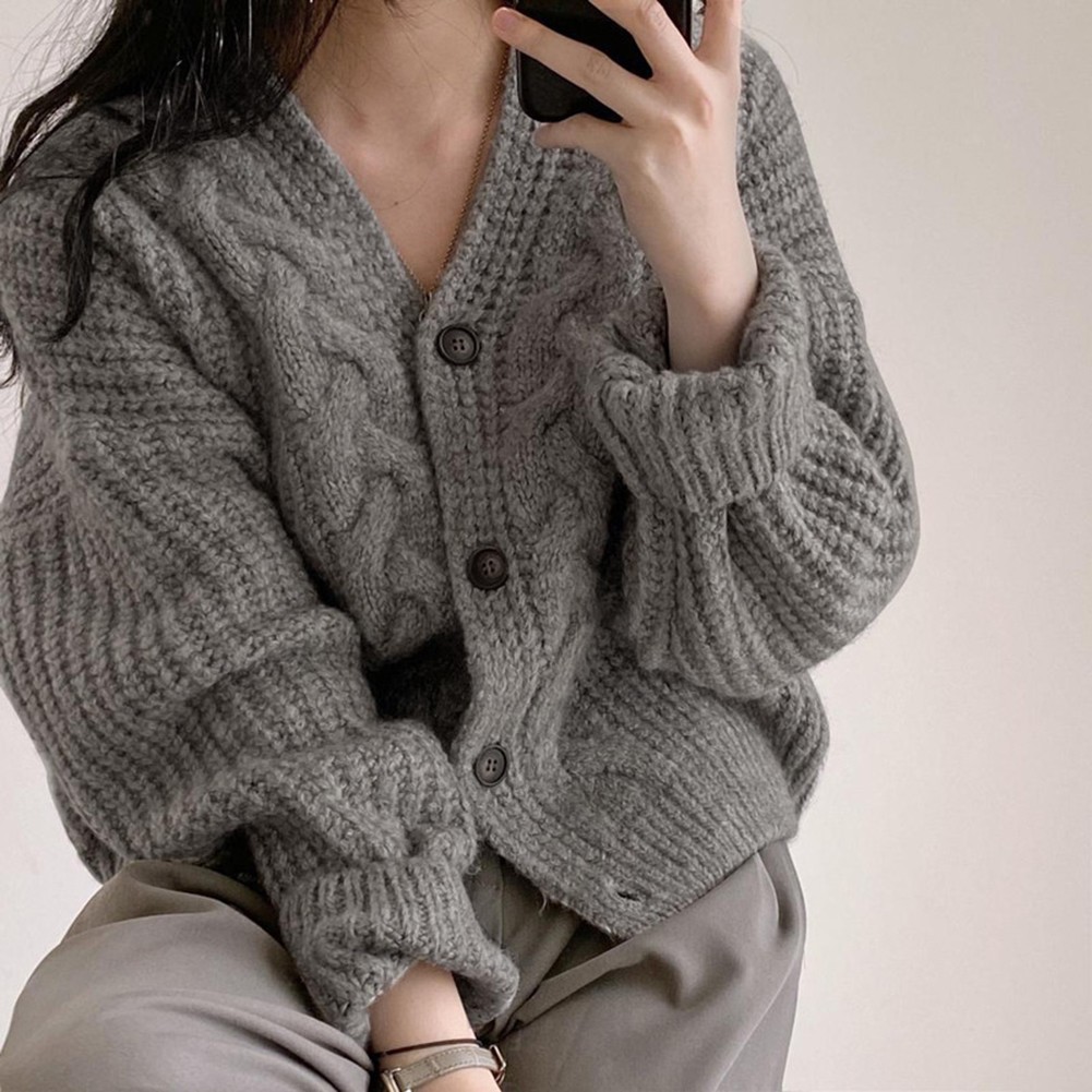 Lady Pure Color Fashionable Casual Loose Button Sweater Long Sleeved Cardigan - Picture 9 of 9