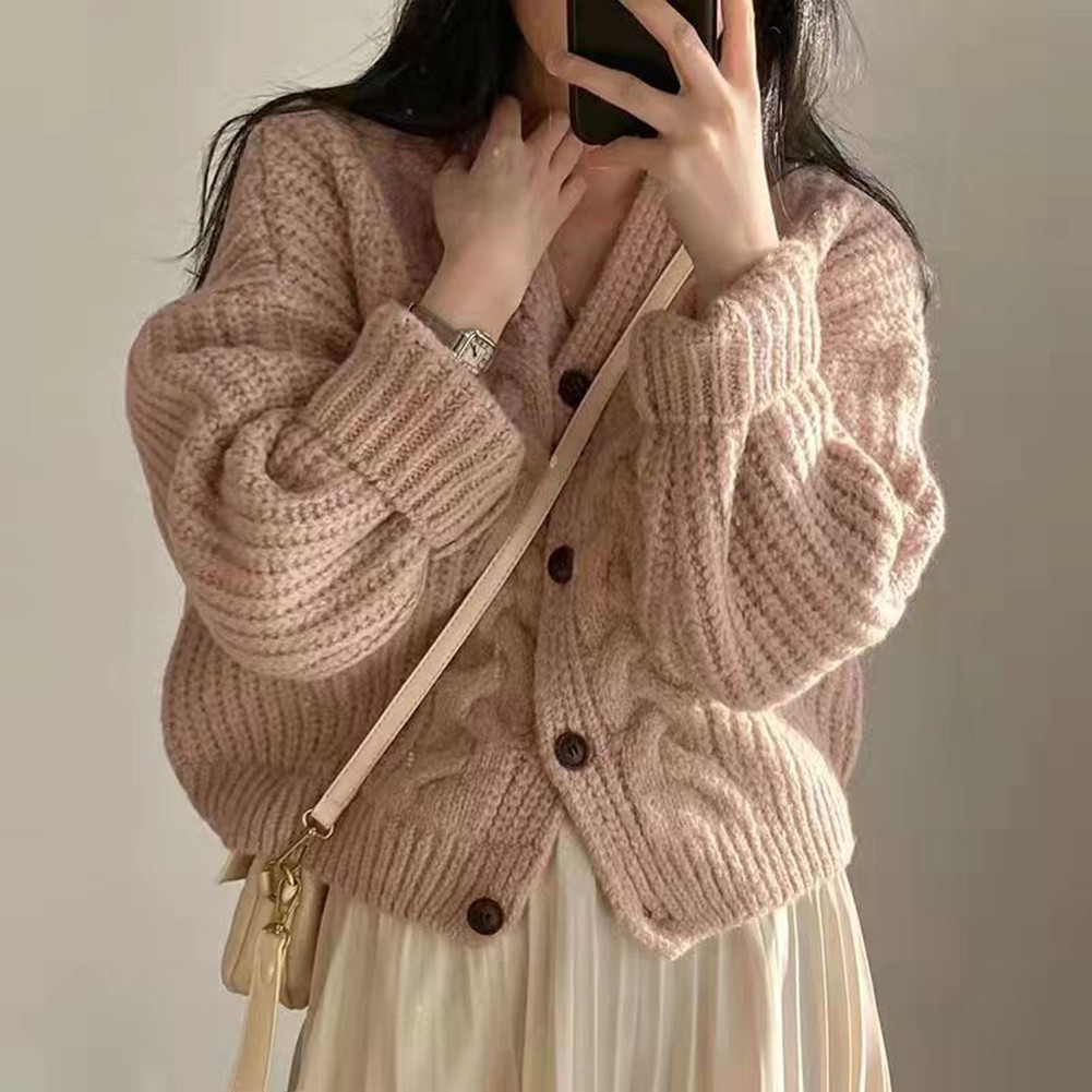 Lady Pure Color Fashionable Casual Loose Button Sweater Long Sleeved Cardigan - Picture 7 of 9