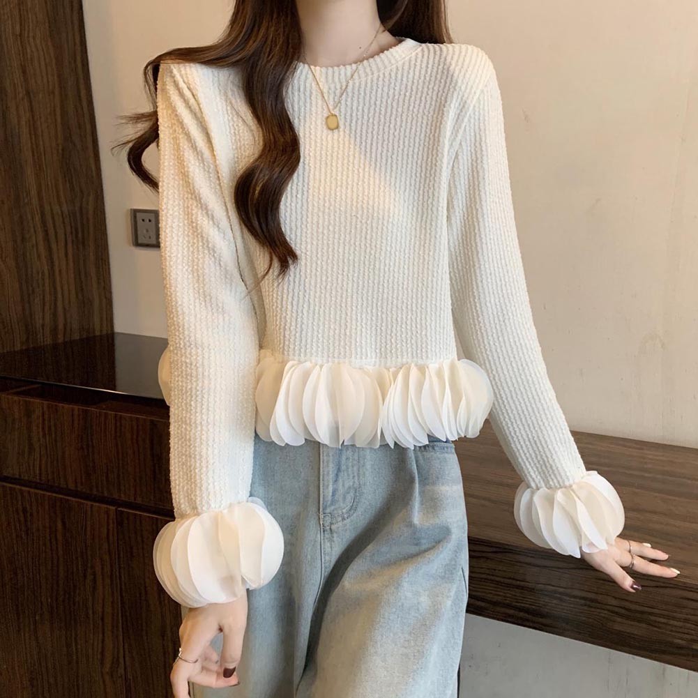 Ruffles Crop Pullover Knitted Top for Women Temper Stylish Autumn Wear - Picture 24 of 45