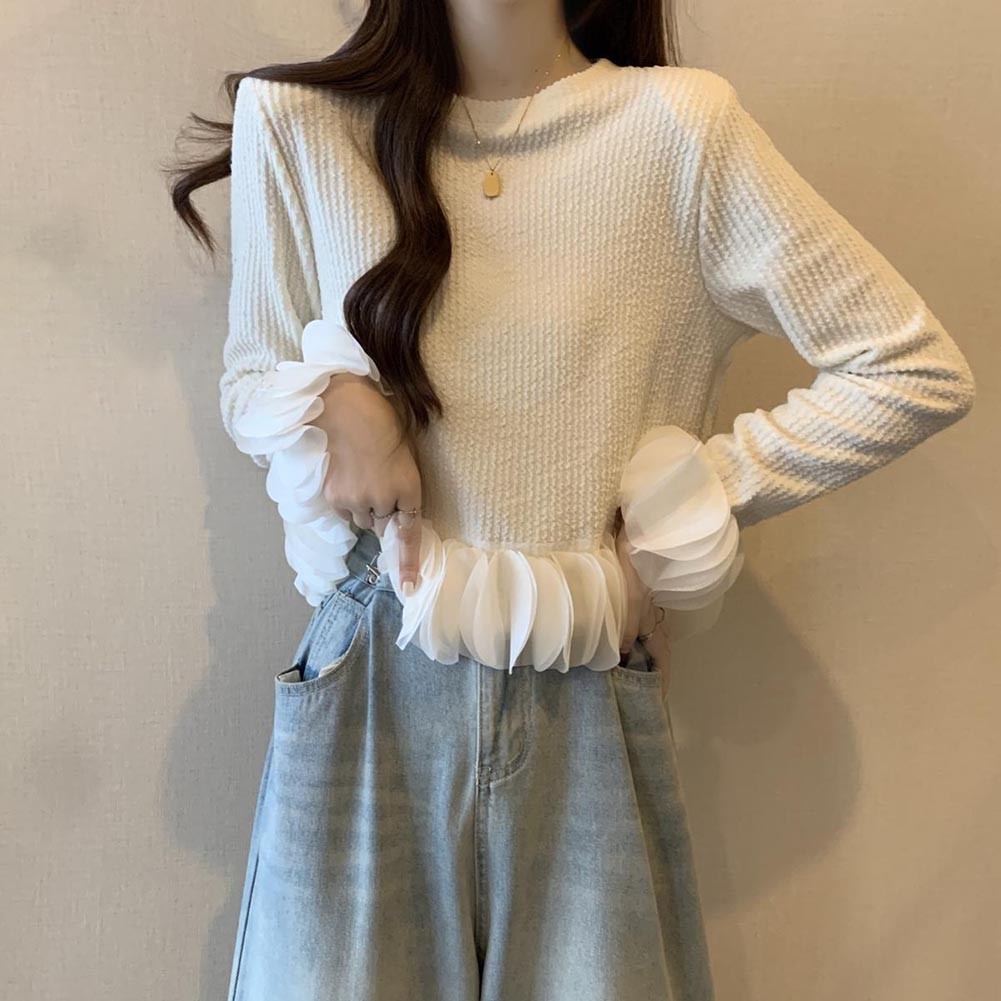 Ruffles Crop Pullover Knitted Top for Women Temper Stylish Autumn Wear - Picture 28 of 45