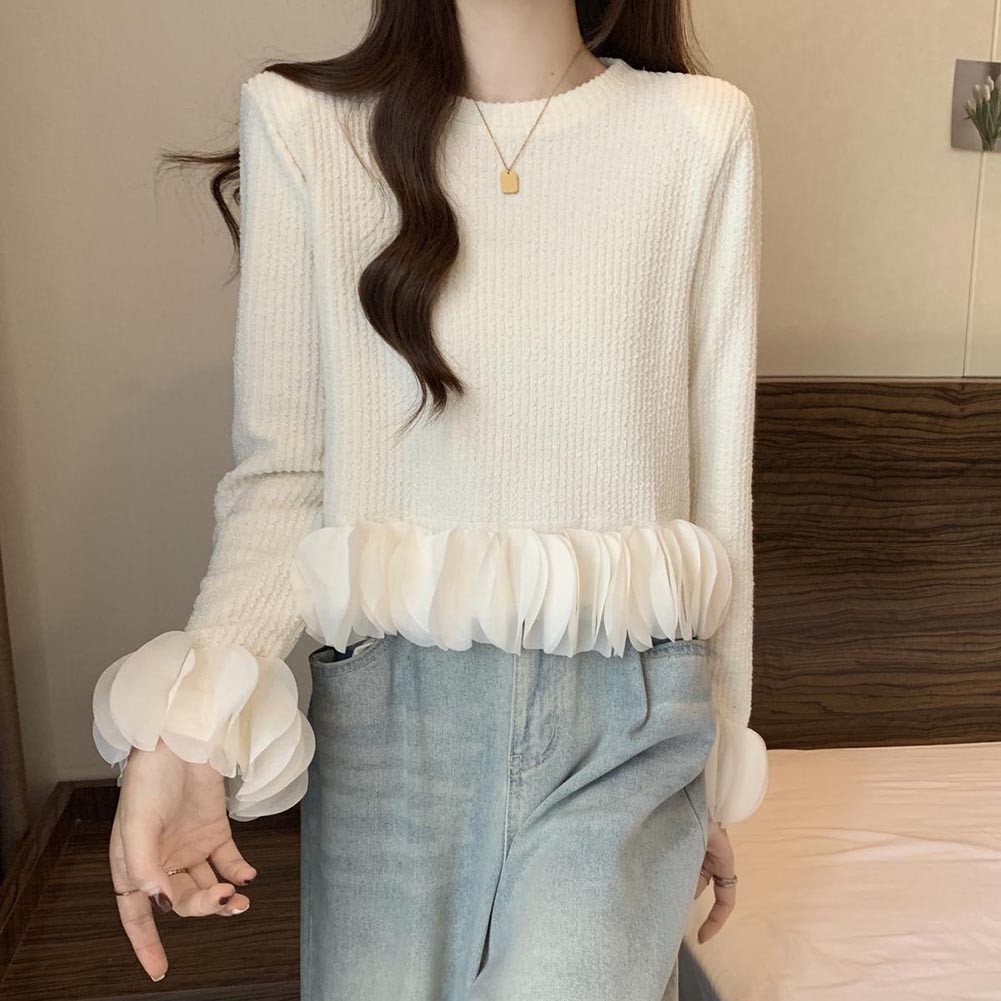 Ruffles Crop Pullover Knitted Top for Women Temper Stylish Autumn Wear - Picture 34 of 45