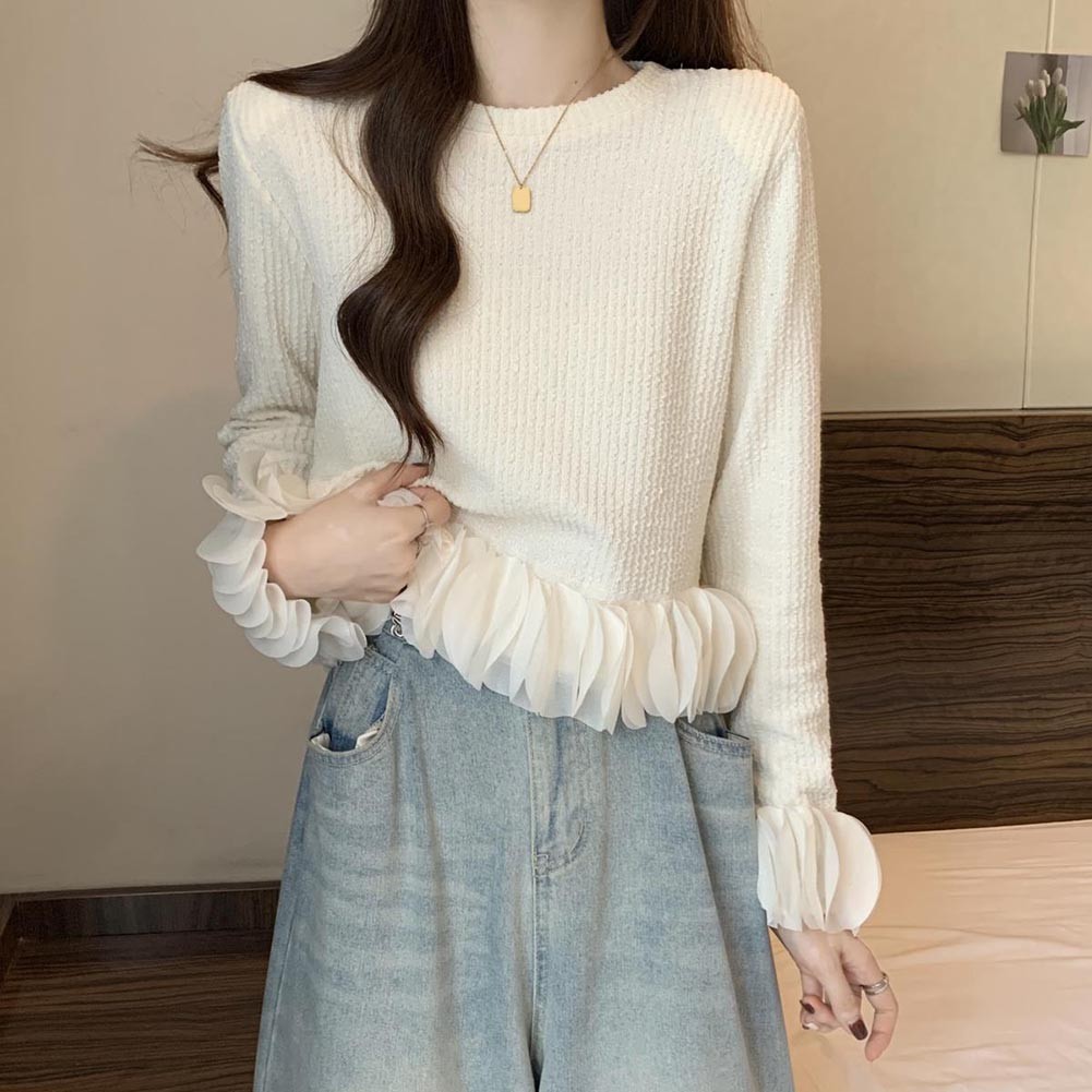 Ruffles Crop Pullover Knitted Top for Women Temper Stylish Autumn Wear - Picture 33 of 45