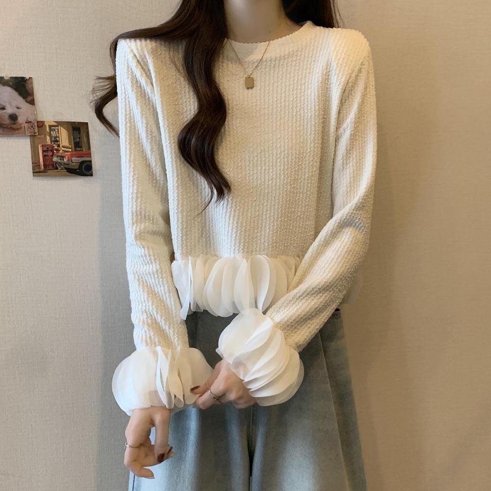 Ruffles Crop Pullover Knitted Top for Women Temper Stylish Autumn Wear - Picture 25 of 45