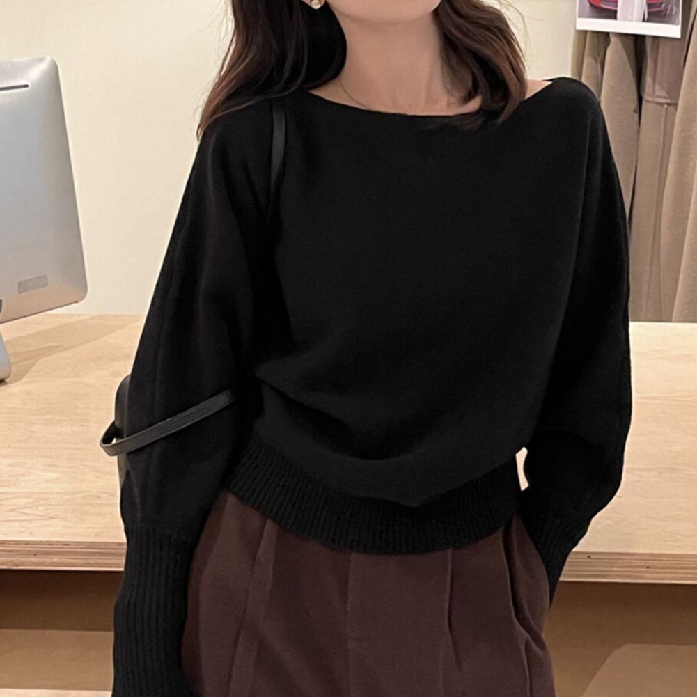 Solid Color Knitted Cropped Sweater Women Slash Neck Long Sleeve Knitwear - Picture 11 of 22