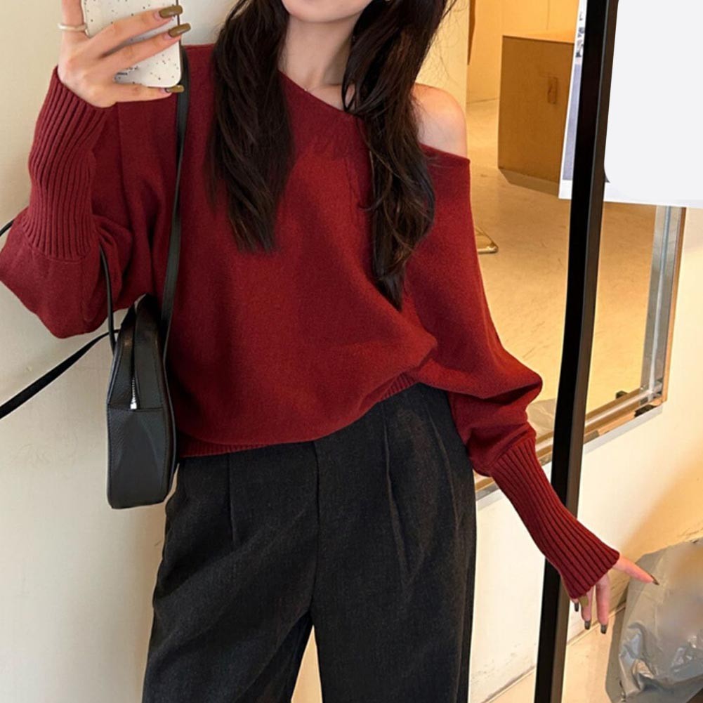 Solid Color Knitted Cropped Sweater Women Slash Neck Long Sleeve Knitwear - Picture 16 of 22