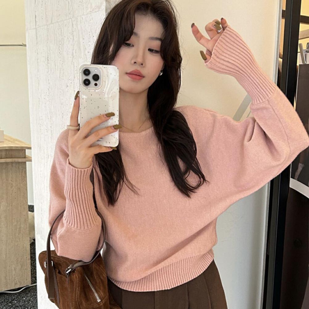 Solid Color Knitted Cropped Sweater Women Slash Neck Long Sleeve Knitwear - Picture 8 of 22