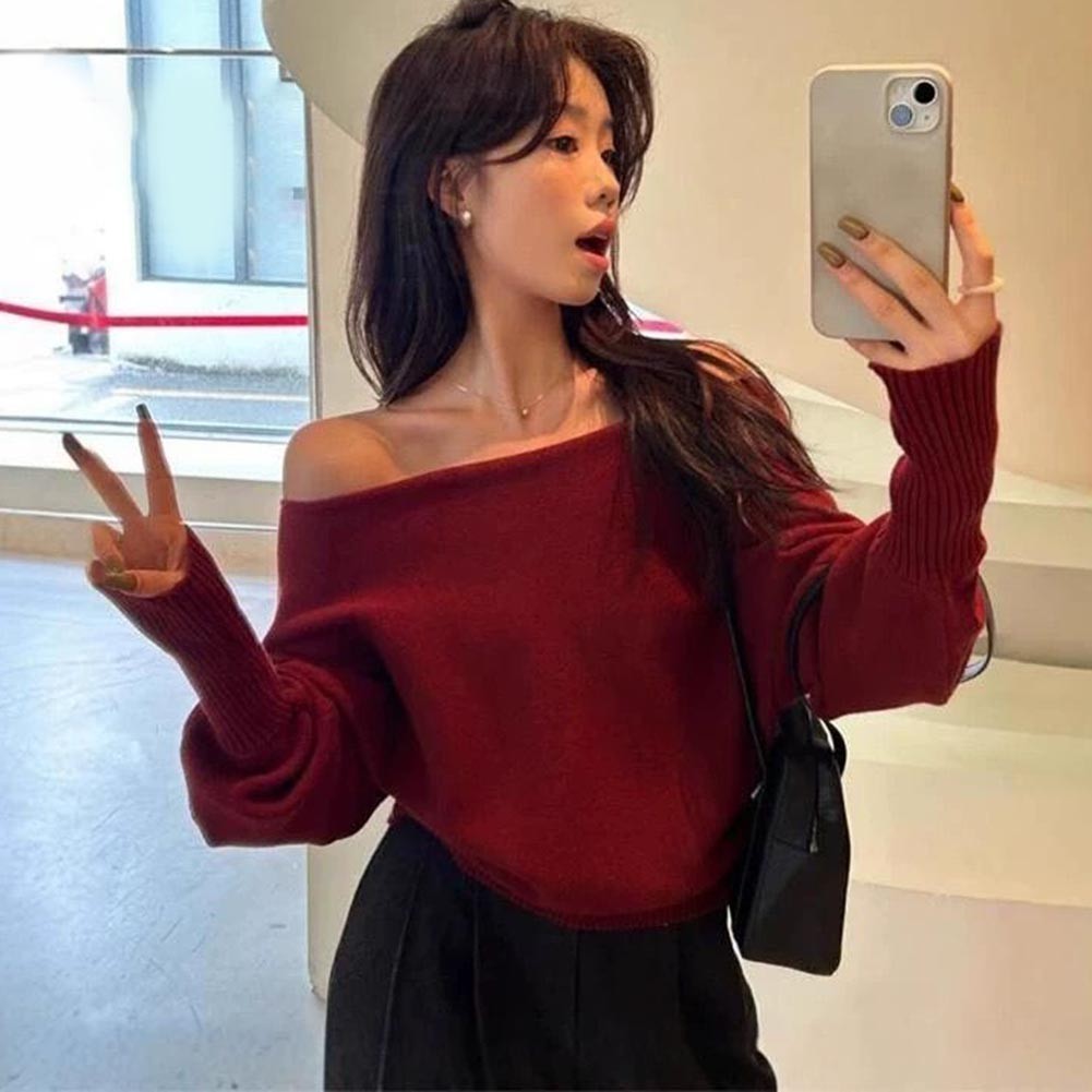 Solid Color Knitted Cropped Sweater Women Slash Neck Long Sleeve Knitwear - Picture 14 of 22