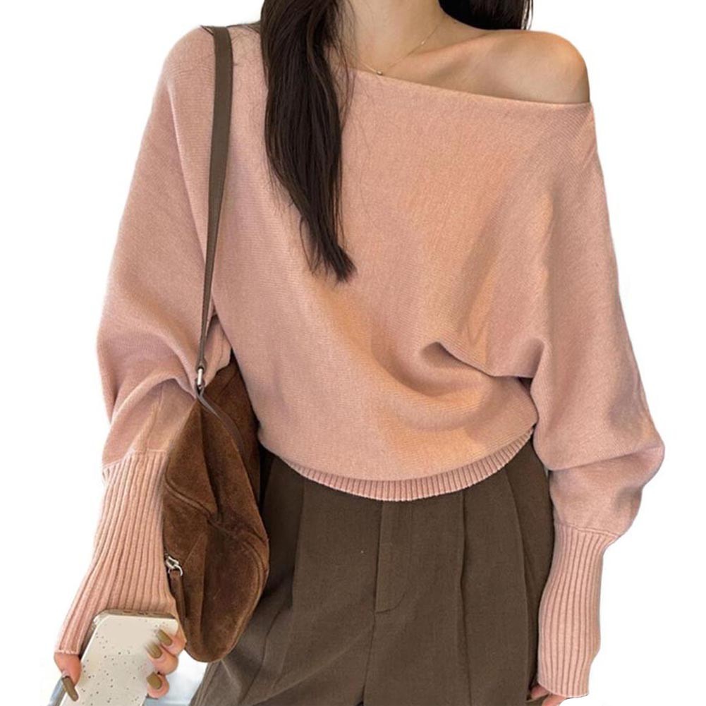 Solid Color Knitted Cropped Sweater Women Slash Neck Long Sleeve Knitwear - Picture 9 of 22
