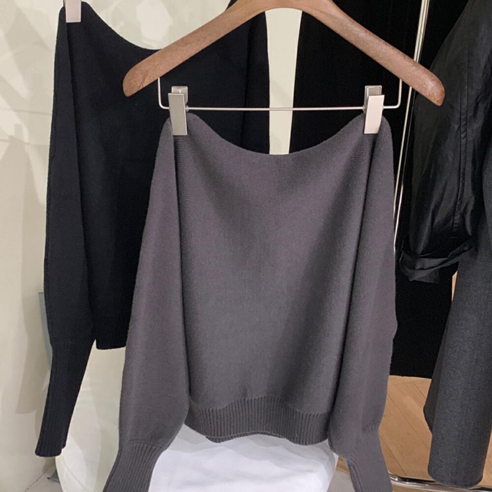 Solid Color Knitted Cropped Sweater Women Slash Neck Long Sleeve Knitwear - Picture 18 of 22