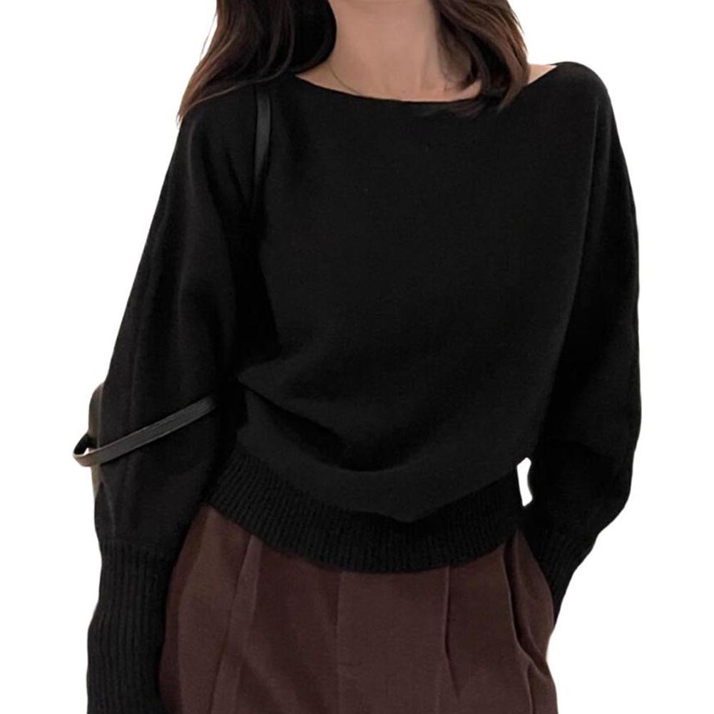 Solid Color Knitted Cropped Sweater Women Slash Neck Long Sleeve Knitwear - Picture 12 of 22