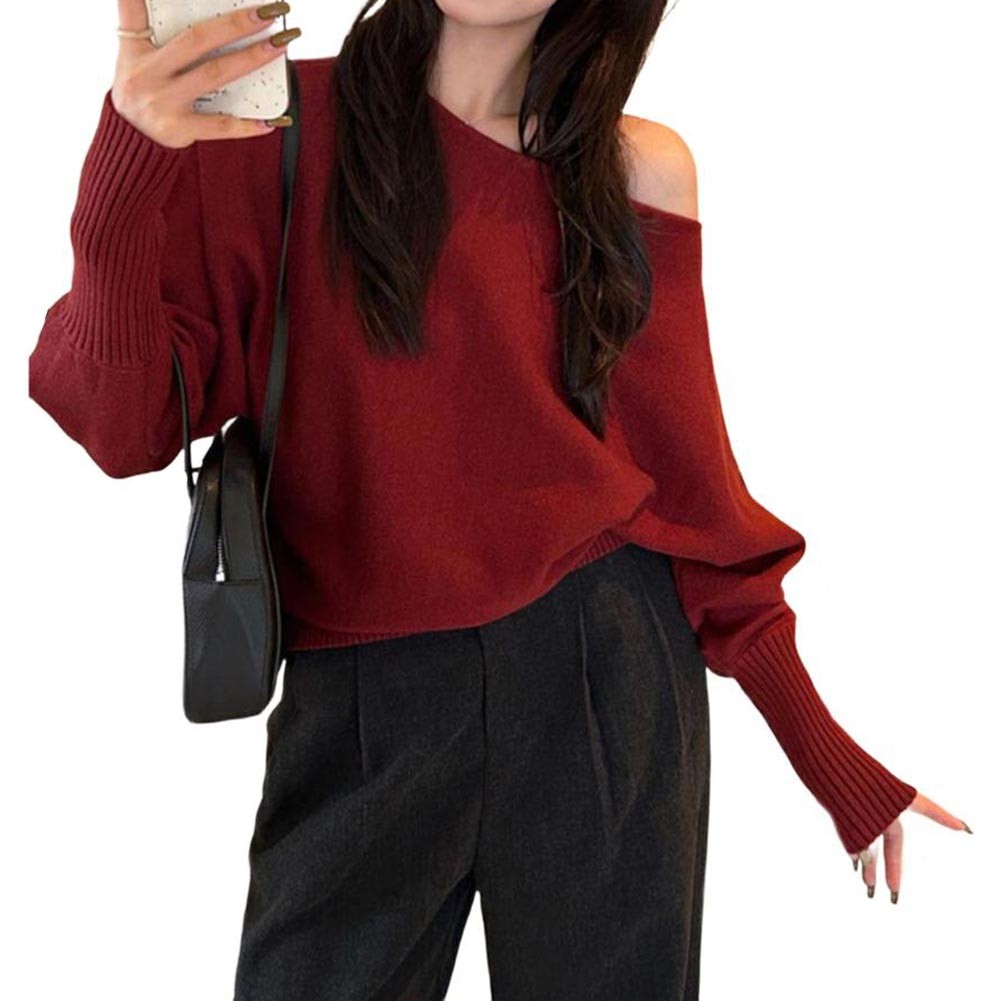 Solid Color Knitted Cropped Sweater Women Slash Neck Long Sleeve Knitwear - Picture 15 of 22
