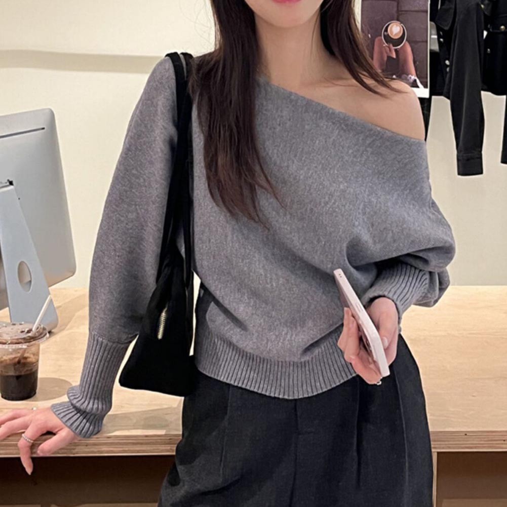 Solid Color Knitted Cropped Sweater Women Slash Neck Long Sleeve Knitwear - Picture 17 of 22