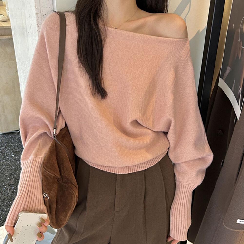 Solid Color Knitted Cropped Sweater Women Slash Neck Long Sleeve Knitwear - Picture 10 of 22