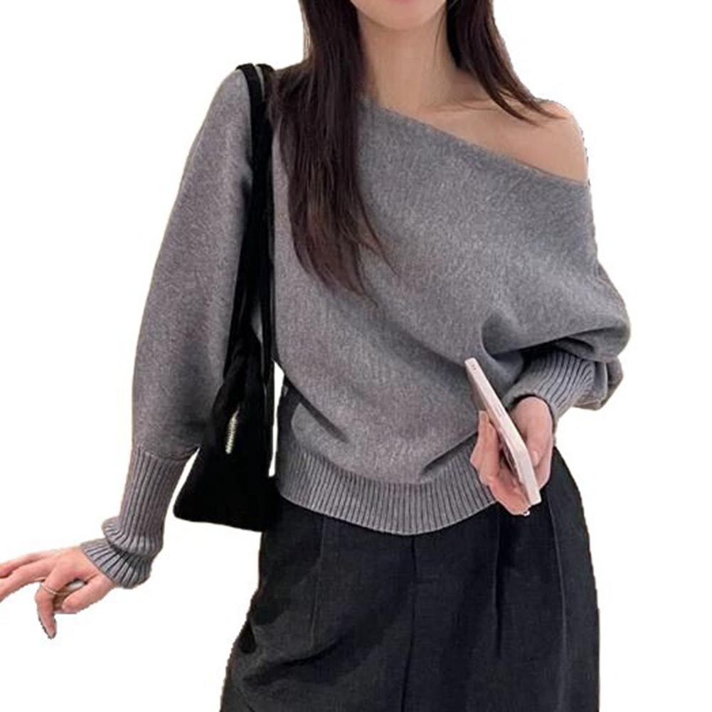 Solid Color Knitted Cropped Sweater Women Slash Neck Long Sleeve Knitwear - Picture 19 of 22